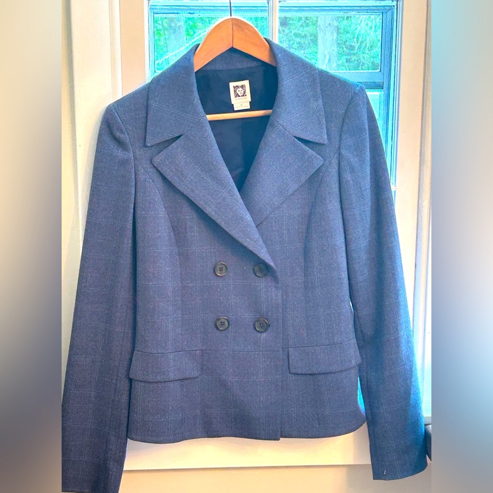 Vintage Ann Klein Women's Blue Double-Breasted Blazer
